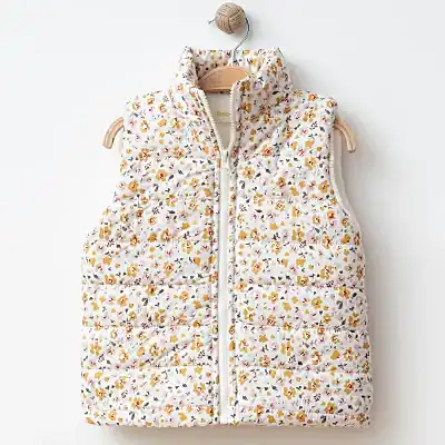 Bebolly Kız Yelek Çiçek Baskılı Ekru