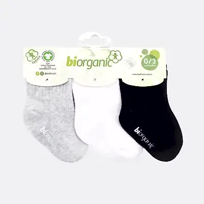 Bibaby Organik Çorap Soket 3lü Basic Kaymaz Gri - Beyaz - Siyah