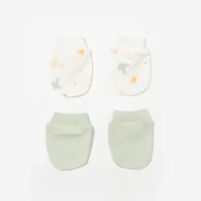 Bibaby Unisex Organik Eldiven 2li Tiny Birds Ekru - Yeşil
