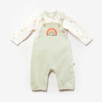 Bibaby Unisex Organik Salopet Tulum Tiny Birds Ekru - Yeşil
