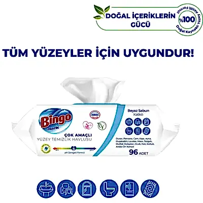 Bingo Yüzey Temizlik Havlusu Beyaz Sabun 96lı x3