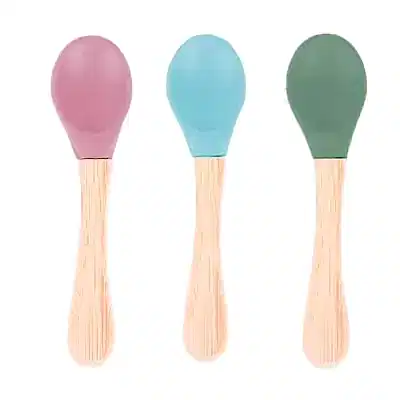 BM Care Bambu Saplı Silikon Mama Kaşığı 9+ ay Yeşil-Mavi-Pembe 3 lü