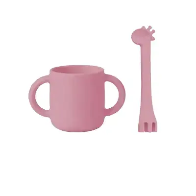 BM Care Mini bardaklı Mama Çatal Kaşık Zürafa Seti Pembe
