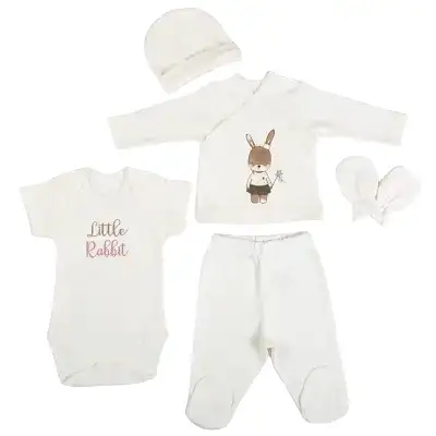 Bm Fabric Peri Tavşan Desenli Yenidoğan 5'li Hastane Çıkışı Kız Bebek