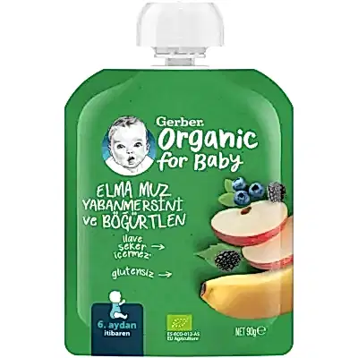 Gerber Organik Elmalı Muzlu Yabanmersinli Böğürtlenli Meyve Püresi 90 gr 