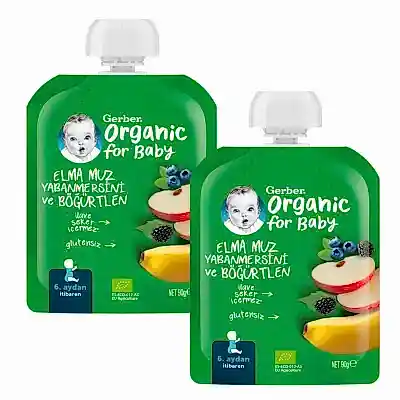 Gerber Organik Elmalı Muzlu Yabanmersinli Böğürtlenli Meyve Püresi 90 gr*2
