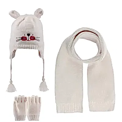 Kitti Unisex Bebek Atkı Bere Eldiven Takım Krem