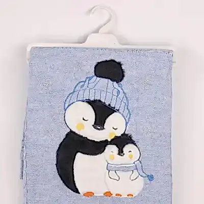 Mini Damla Battaniye Triko Penguen Nakışlı 80x100cm Mavi