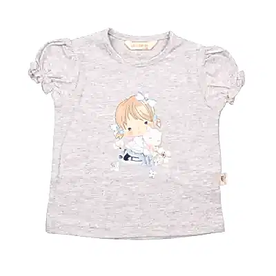 Mini Damla Çocuk T-Shirt Kedili Kız Gri Melanj