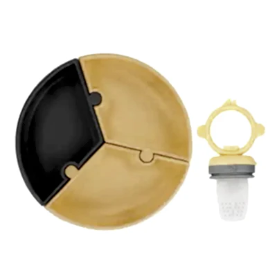 OiOi Püre Meyve Ve Sebze Alıştırıcı ,OiOi Puzzle Vakumlu Mama Tabağı Mellow Yellow - Powder Grey