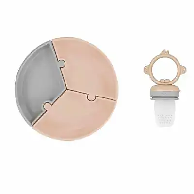 OiOi Puzzle Vakumlu Mama Tabağı, OiOi Püre Meyve Ve Sebze Alıştırıcı Bubble Beige - Powder Grey