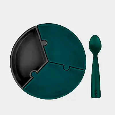 Oioi Puzzle Vakumlu Mama Tabağı+Nam Nam Mama Kaşığı Aqua Green-Powder Grey