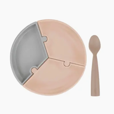 Oioi Puzzle Vakumlu Mama Tabağı+Nam Nam Mama Kaşığı Bubble Green-Powder Grey