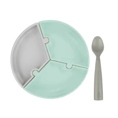 Oioi Puzzle Vakumlu Mama Tabağı+Nam Nam Mama Kaşığı River Green-Powder Grey