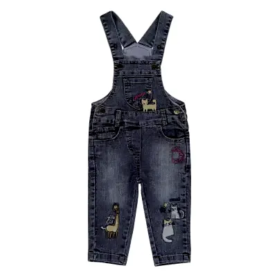 Overdo Kız Salopet Kedi Nakışlı Mavi Denim