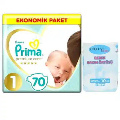Prima Premium Care 1 Beden 70li Yenidoğan Bebek Bezi ve Momys Care Bebek Bakım Örtüsü 10lu