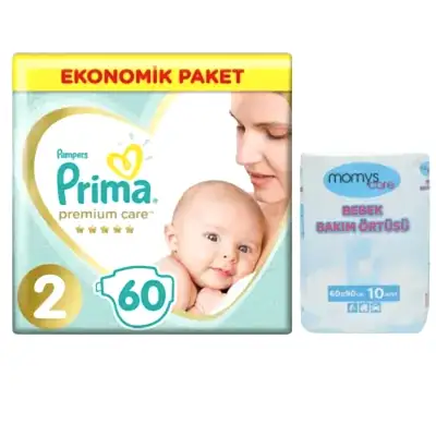 Prima Premium Care 2 Beden 60lı  Bebek Bezi ve Momys Care Bebek Bakım Örtüsü 10lu  