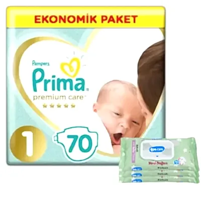 Prima Premium Care Bebek Bezi 1 Beden Yenidoğan 70Li Ekonomik Yenidoğan Islak Mendilli Avantaj Paket